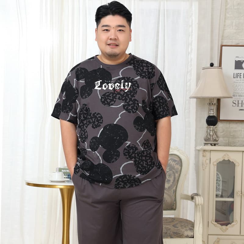 Meiji Rhyme Pure Cotton Men's Summer Round Neck Short Sleeve Thin Pajamas 5XL Plus Size Big Man Home Suit