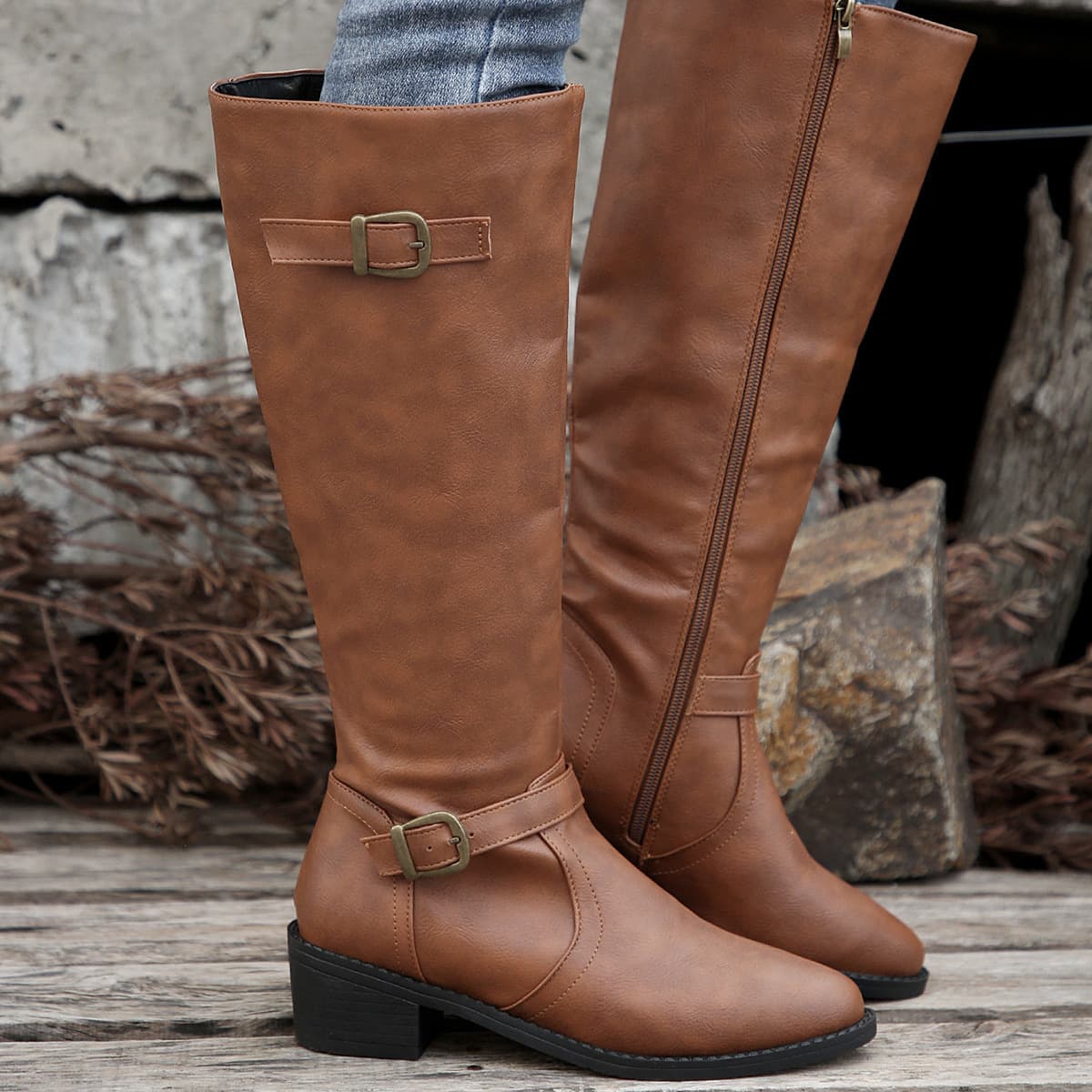 Independent Brand 2023 Autumn and Winter New European and American Style Large Size Round Toe Solid Color Belt Buckle Foreign Trade Chunky Heel Riding Boots for Women with Fleece Lining
