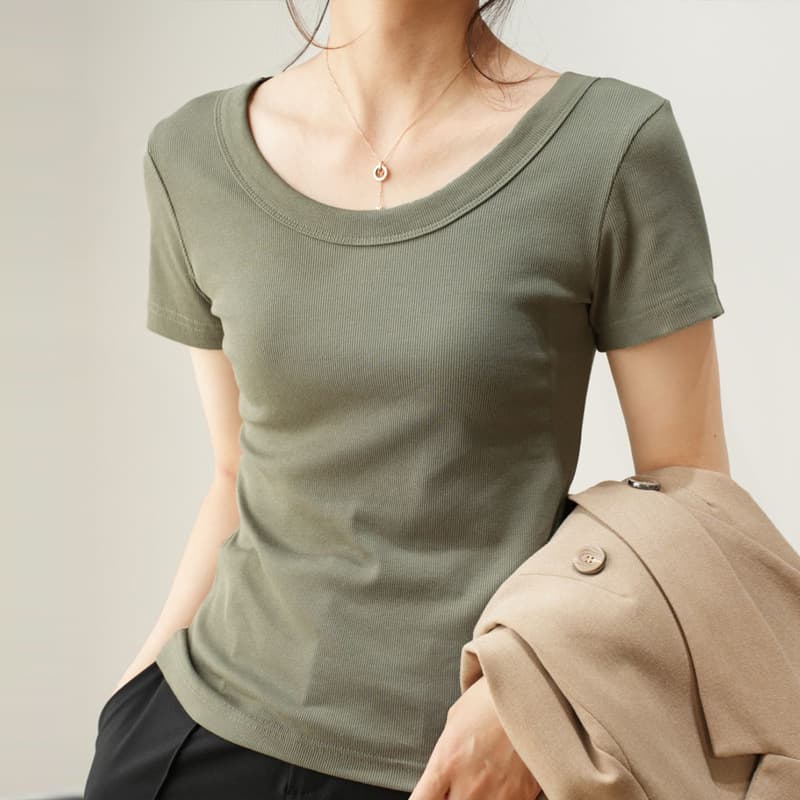Selected Premium Cotton U-Neck T-Shirt for Women, Short-Sleeved, 2026 Summer New Style, Loose Fit, Slimming, High-End Feel, Top, Base Shirt
