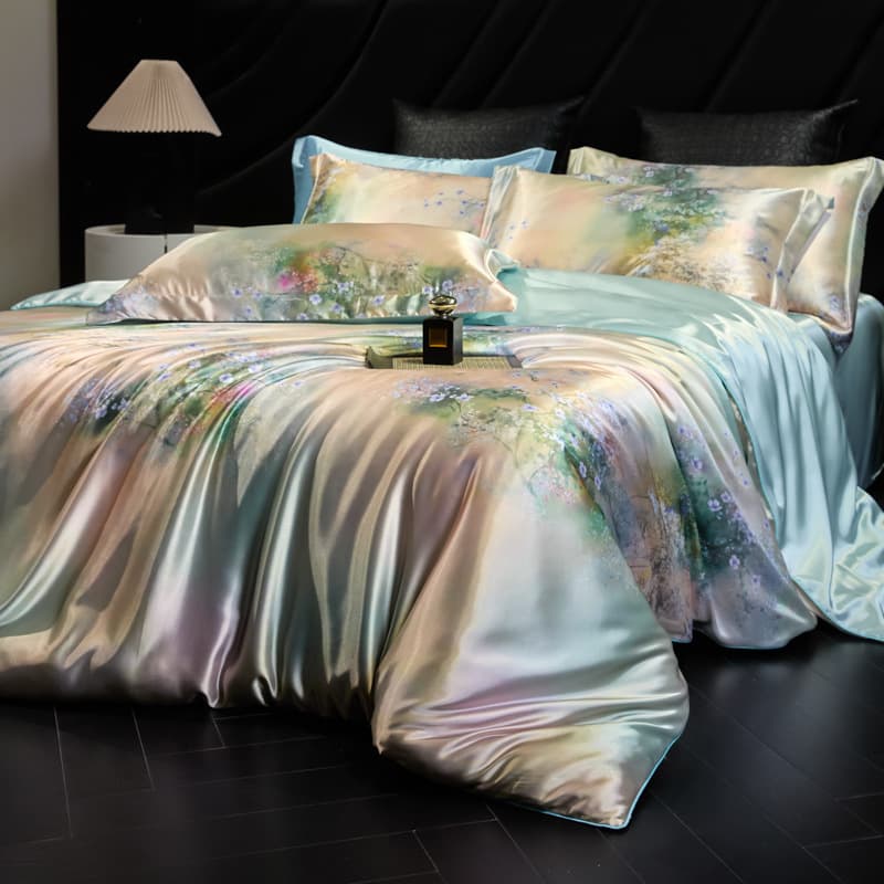 Heavy print washed silk four-piece set double-sided ice silk satin quilt cover nude sleeping sheets fitted sheet bedding