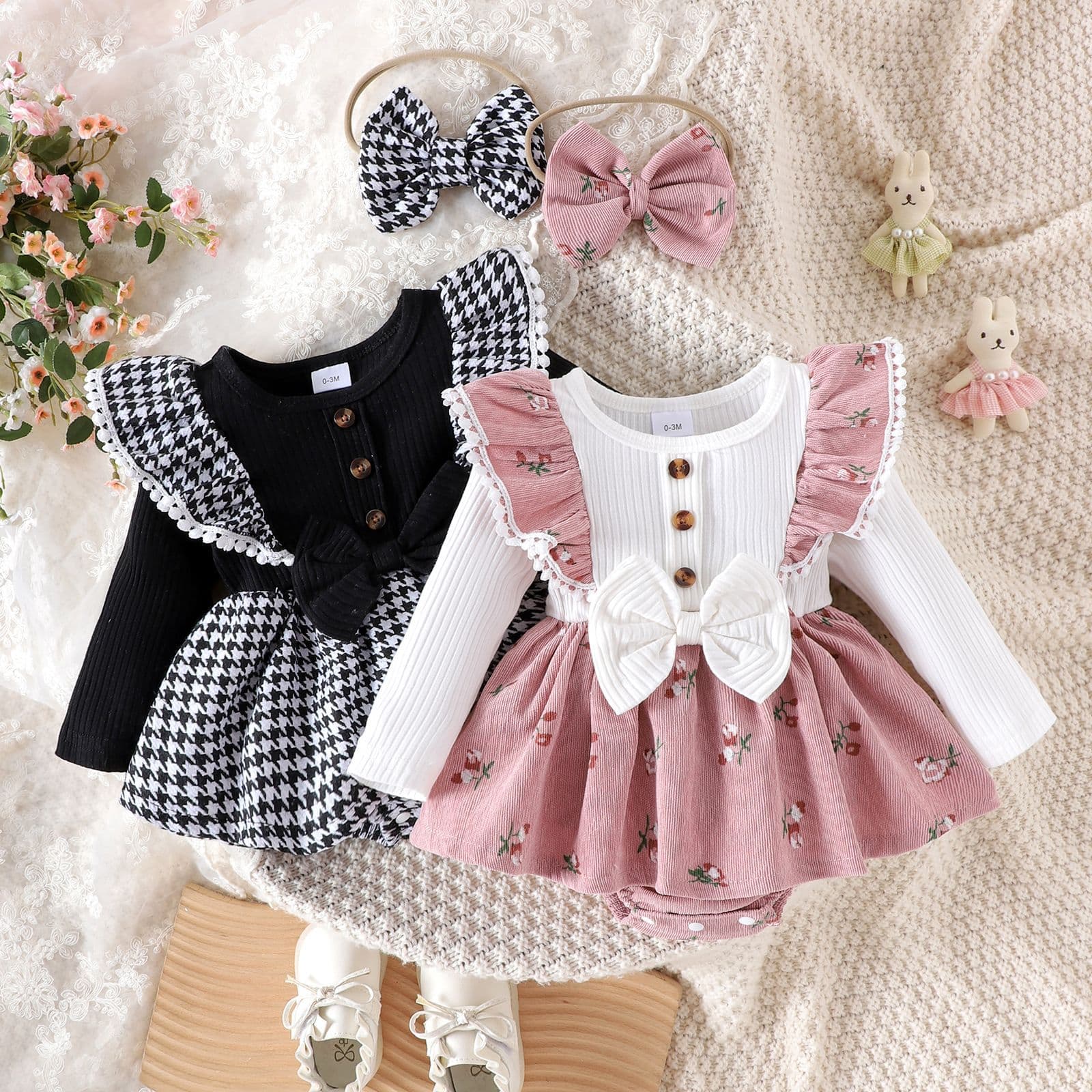 2025 Amazon Cross-Border EU/US Baby Infant Butterfly Knot Ruffle Sleeve Bodysuit & Headband 2-Piece Set