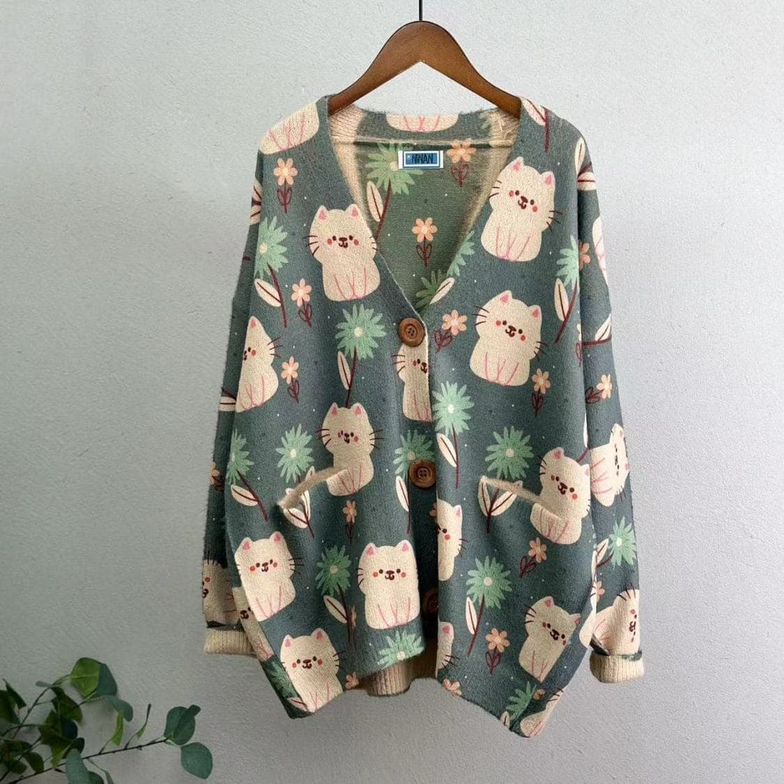2024 Autumn New High-End Fashion Printed Mink Fur Knit Sweater Loose V-Neck Cardigan Top Women