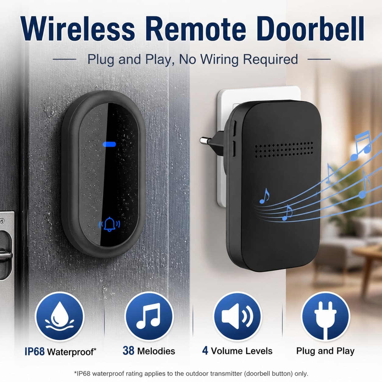 Self-Generating Wireless Doorbell, Battery-Free IP68 Waterproof
