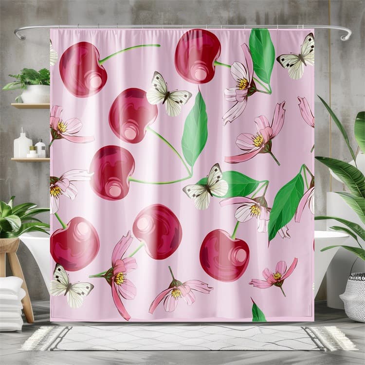 New Cross-Border Sweet Cherry Bow Print Shower Curtain, Daily Pink Girl Bathroom Decoration Waterproof Shower Curtain