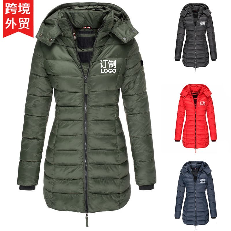 Customizable Logo Print European Size Cross-border Winter Women's Cotton Coat Long Slim Fit Warm Solid Color Hooded