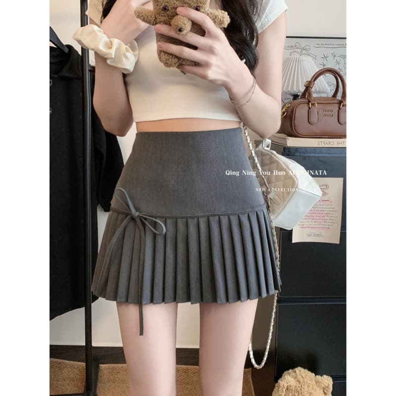 Gray Butterfly Knot Half-length A-line Skirt Women's Spring High-waist Slimming Pleated Anti-lift Short Skirt City Style