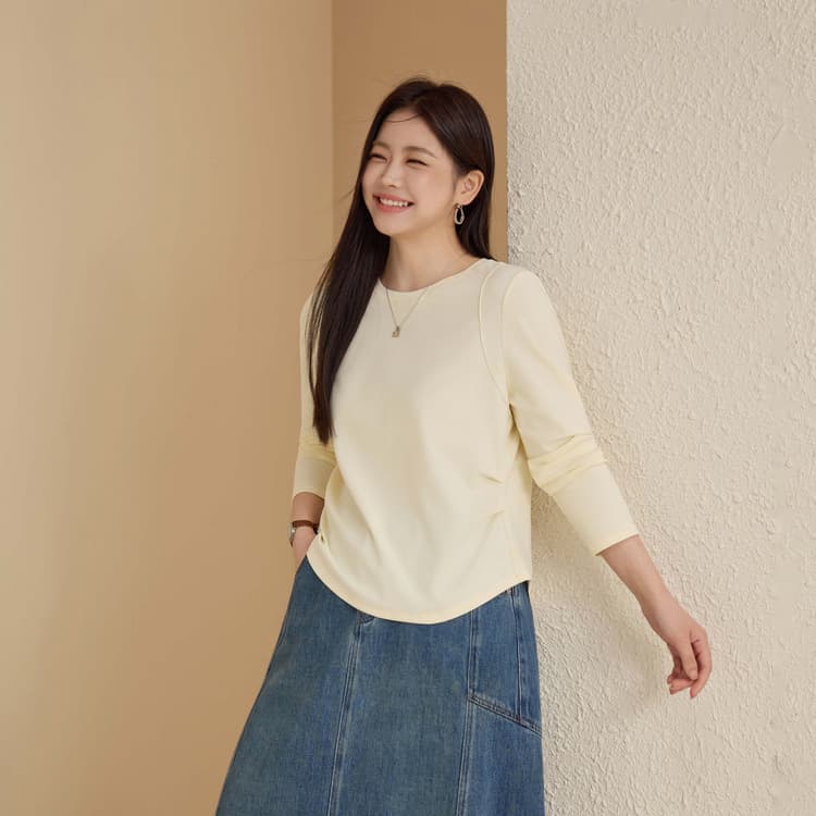 【Pleated Round Neck Long Sleeve T-Shirt】Slim & Beautiful Plus Size Women's Clothing Simple and Versatile Top for Curvy Women, 2025 Autumn New Arrival