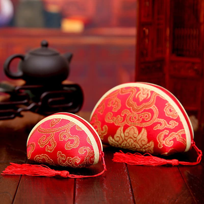 Wholesale Wedding Celebration Supplies Brocade Fabric Zipper Shell Coin Purse Chinese Tassel Candy Bag Box Ingot