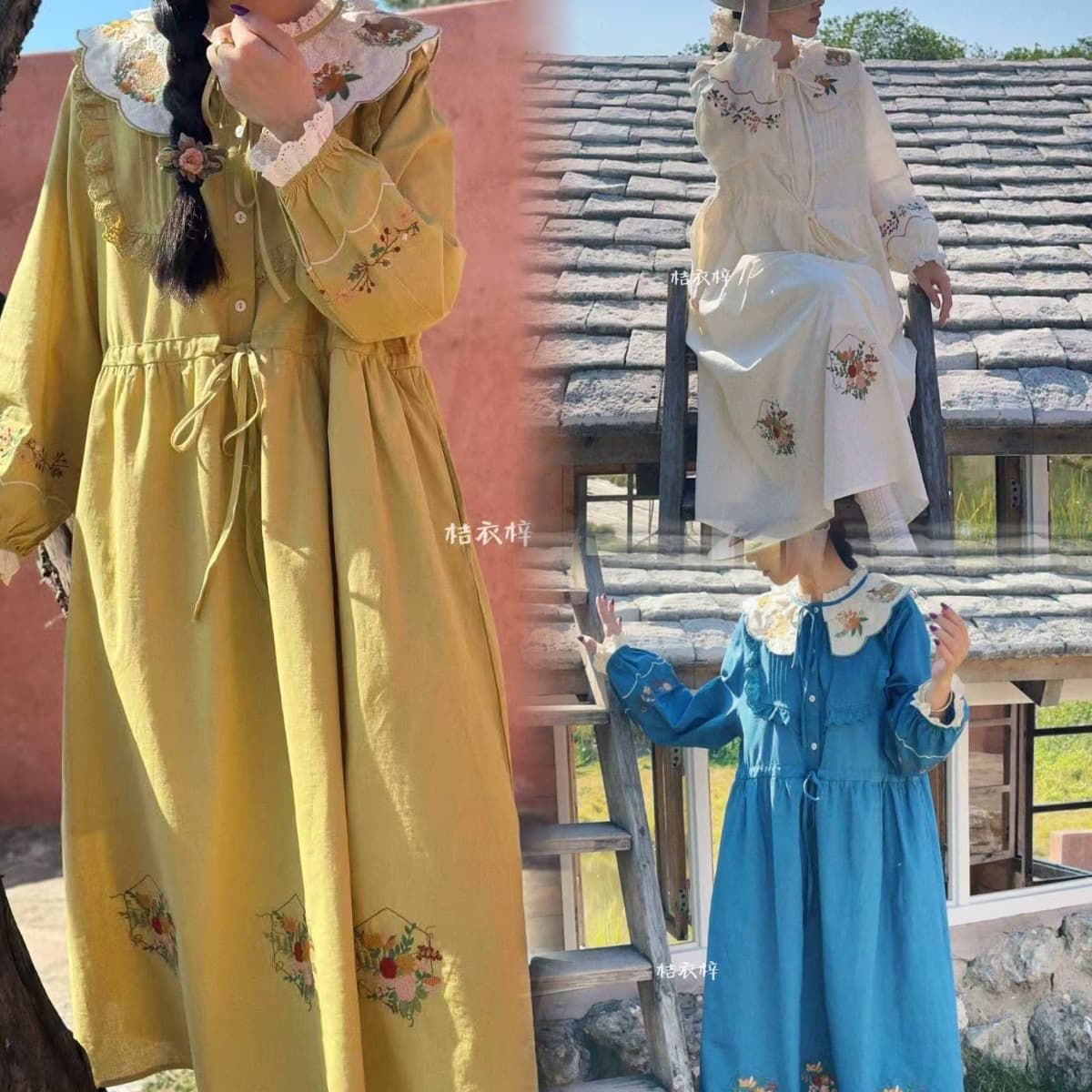 Forest style retro petal lace-up large lapel waist early spring long skirt with sweet flower embroidery forest girl style long skirt for girls