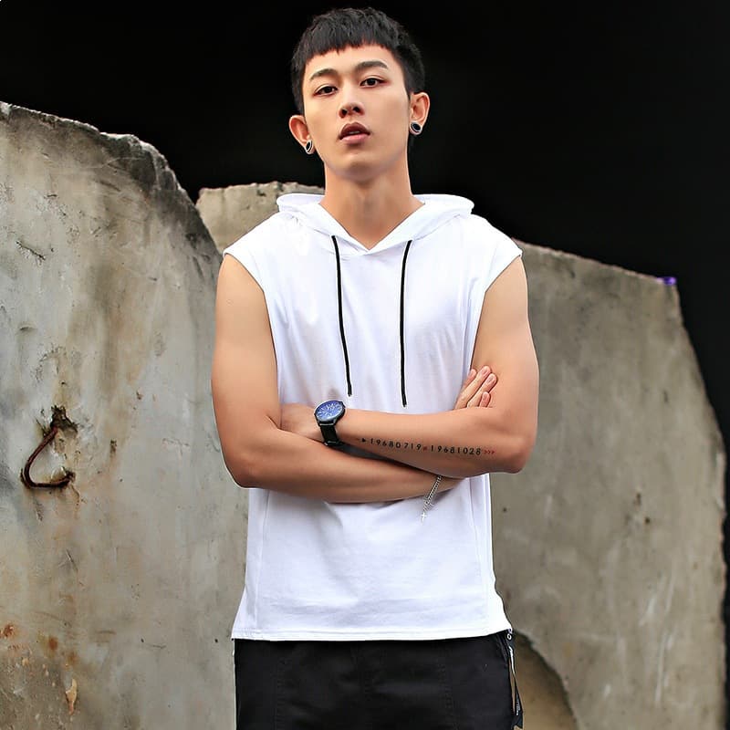 Solid Color Hooded Sweatshirt Drawstring T-Shirt Hip Hop Men's Sports Jersey New Sleeveless Vest Top Athletic Tank Top for Men