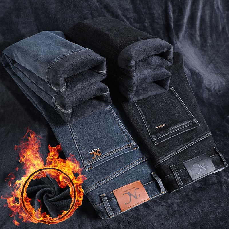 Fleece-Lined Thickened Winter Jeans for Men, Casual Stretch Warm Slim Straight-Leg Drapey Long Pants JR559