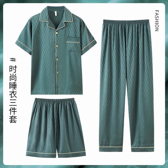 Summer Sleepwear Men's Embroidered Ice Silk Casual Short Sleeve Three-piece Set Outdoor Wearable Home Clothes Polyester Fiber