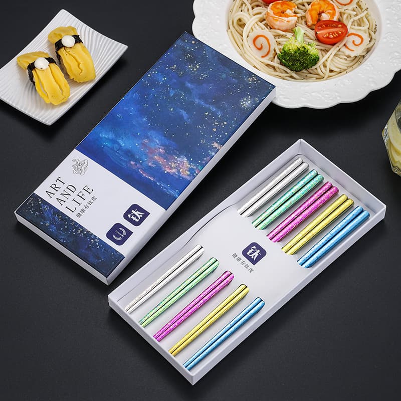Pure Titanium Chopsticks with Colorful Ice Crystal Pattern, Full Square and Half Square Chopsticks, Anti-Mold, Anti-Slip, Anti-Scald, Household Titanium Chopsticks Gift Box Set