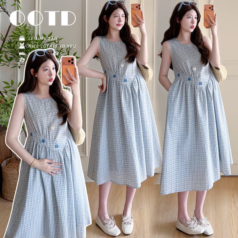 Maternity Dress Summer New Fashion Slim Fit Plaid Dress Sleeveless Patchwork Long Wide Maternity Dress Mid-Length Trendy