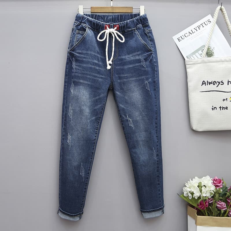 New Fall/Winter Plus Size Stretch Denim Pants 200 lbs Loose Fit Slimming Elastic High Waist Harem Carrot Pants