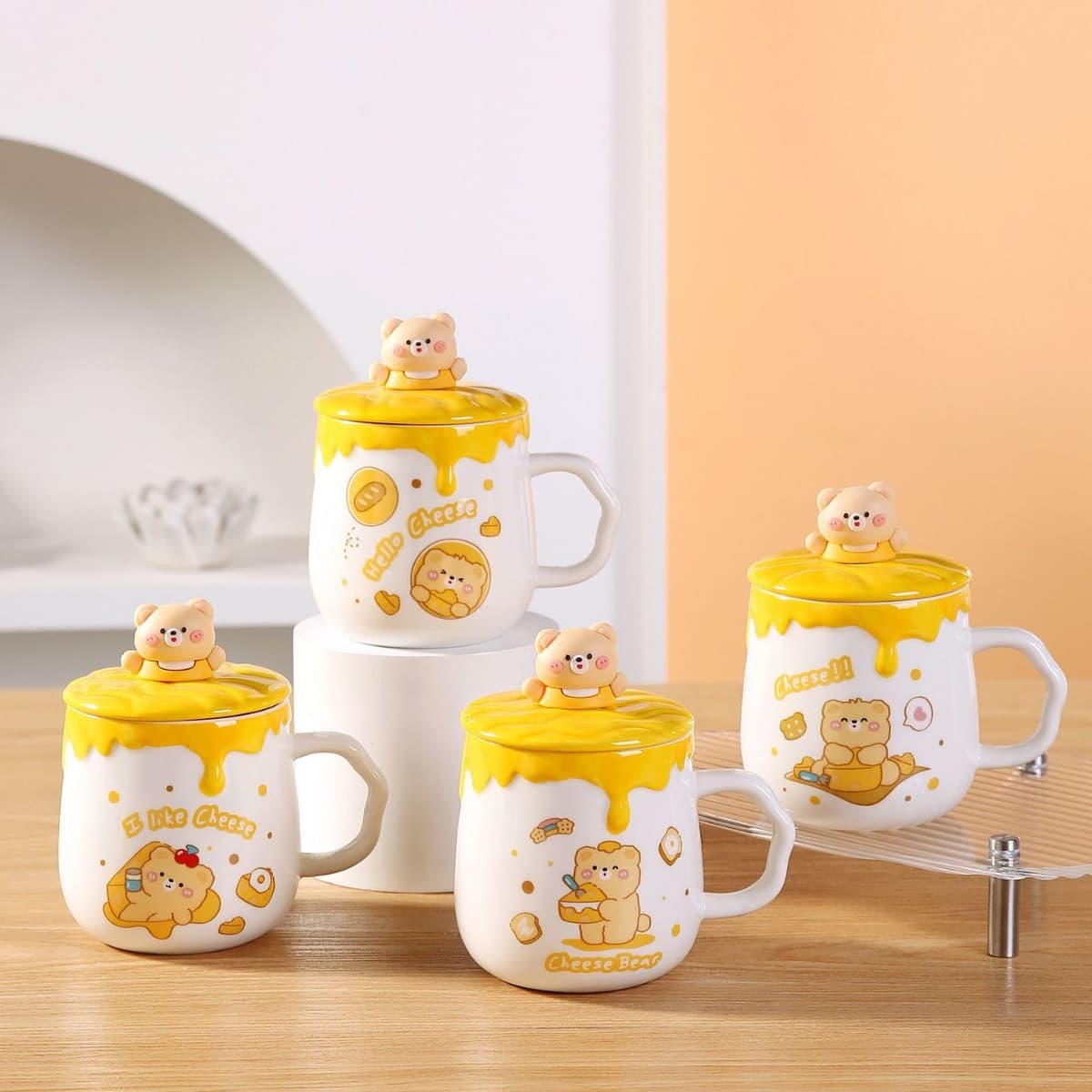 Bear mug with lid children's ceramic cup creative gift cream breakfast cup activity souvenir cup printing
