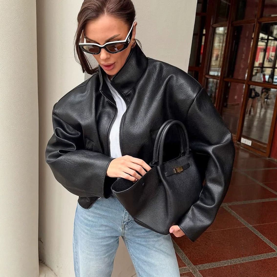 New Spring/Autumn 2026 Black Leather Jacket Turn-down Collar Cool Short Zipper Casual Fashion Premium Coat