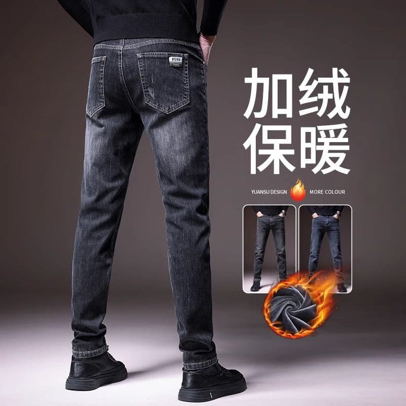 Fleece-Lined Thickened Jeans for Men, Autumn/Winter New Thick Straight-Leg Slim Stretch Loose Versatile Casual Denim