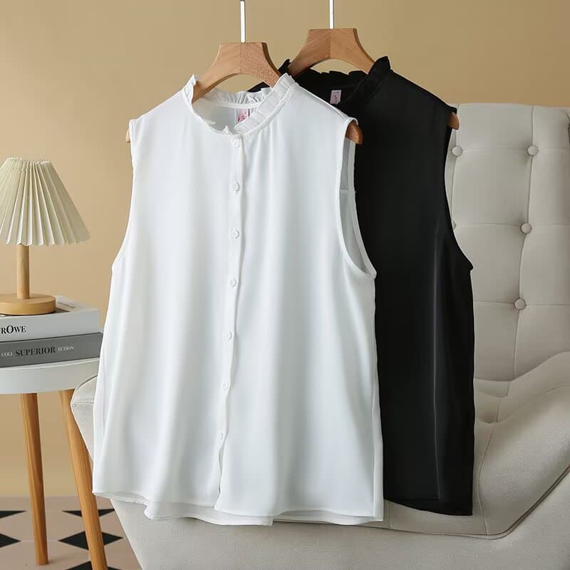 2025 Summer Satin Sleeveless Plus Size Women's Cardigan Lace Collar Elegant Inner Blouse for Plus Size 161