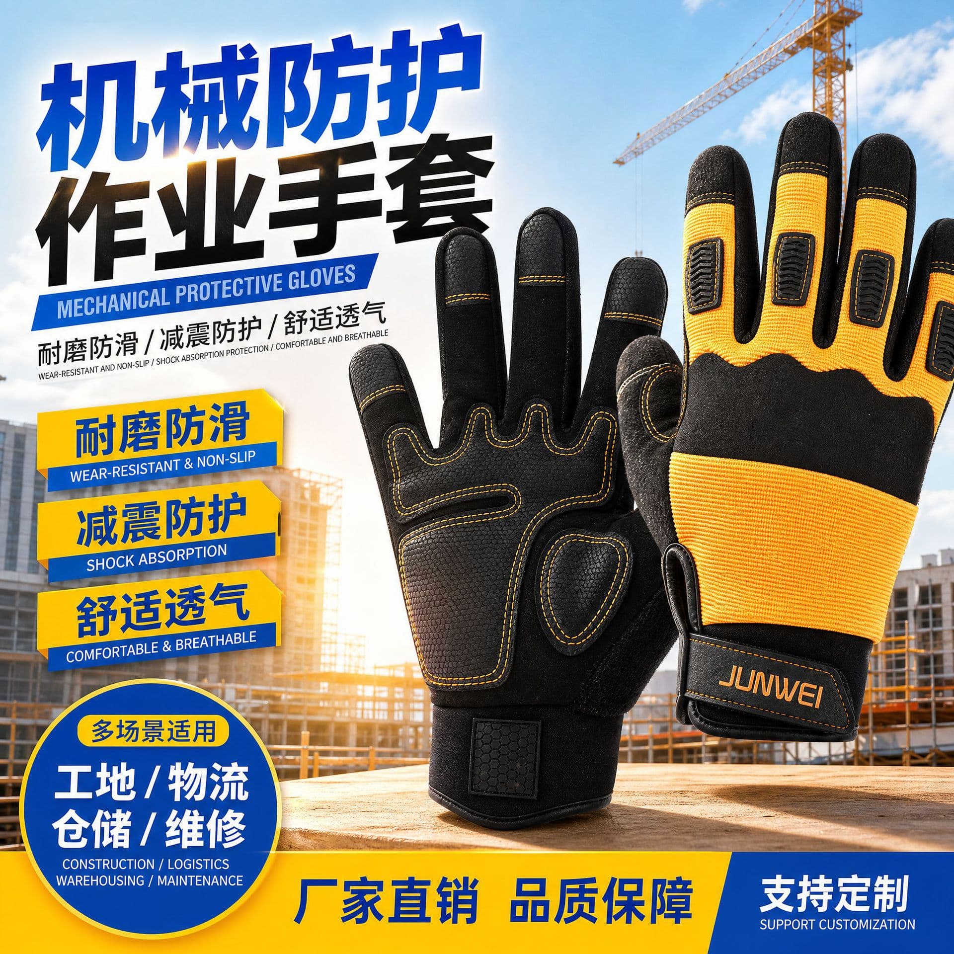 Manufacturer customized protective labor protection gloves PU leather construction site work tool gloves anti-slip and shock-proof mechanical gloves