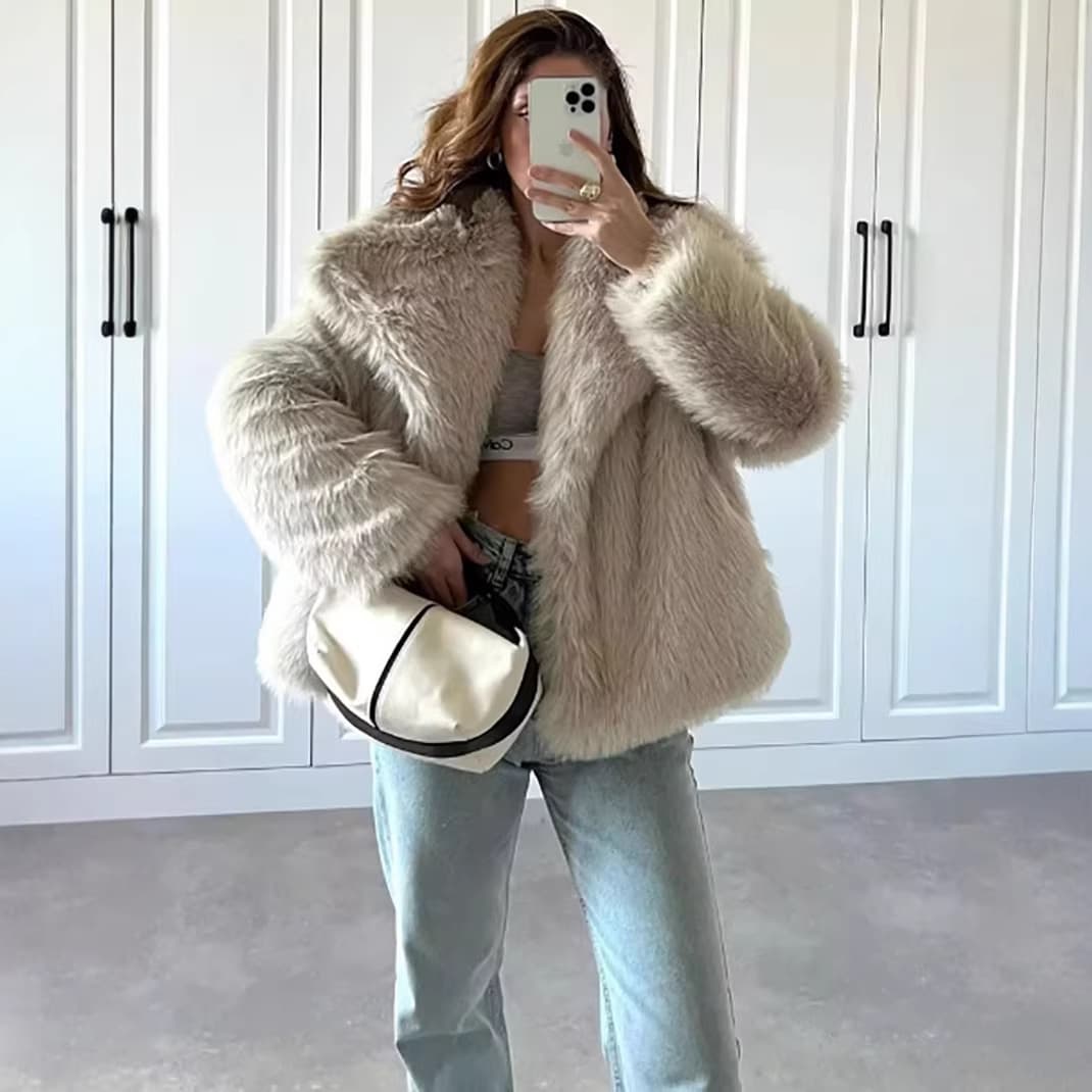Cross-Border European and American Style Faux Fur Coat with Large Lapel, Fashionable Fox Fur Women's Top, Plus-Size Fur Coat
