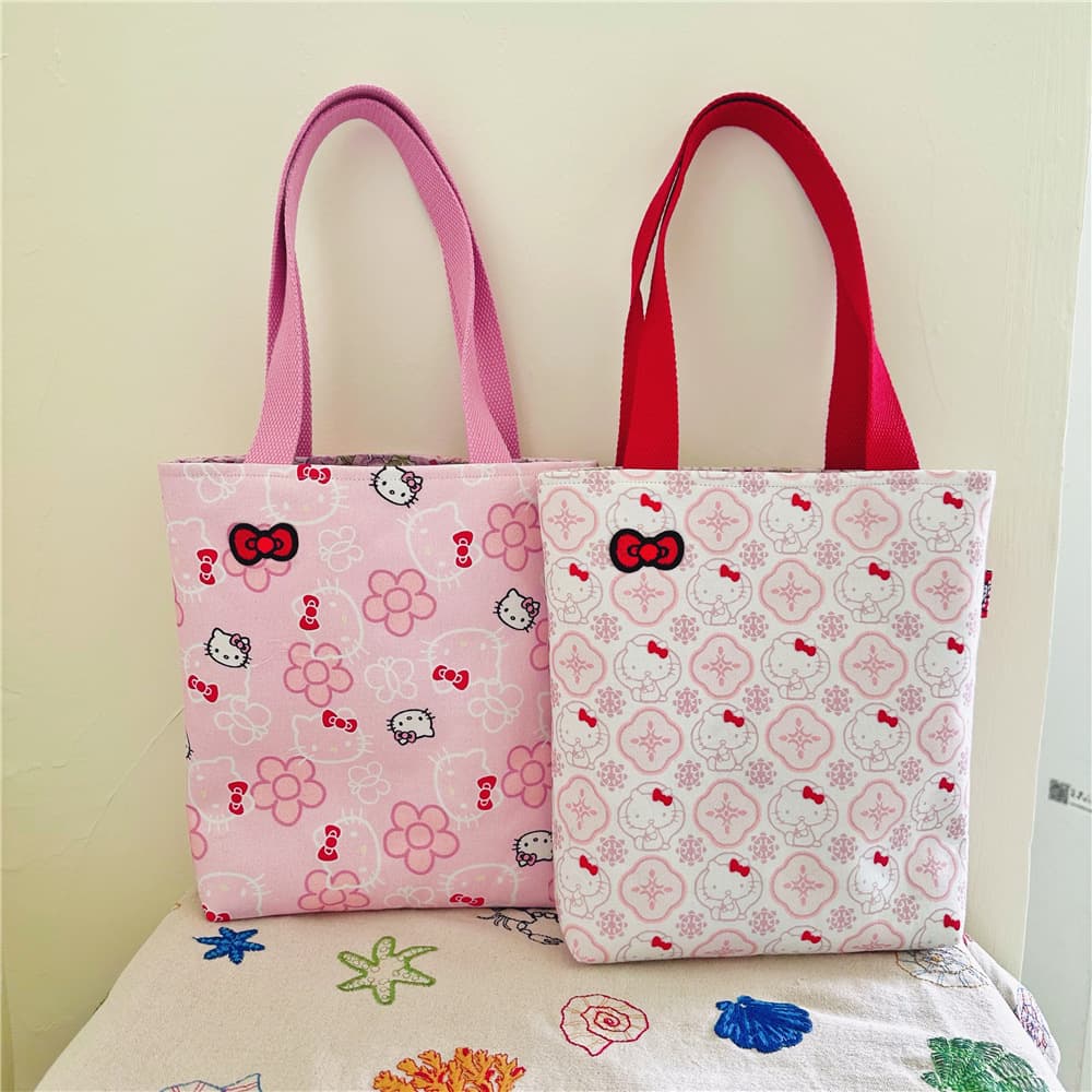Handmade Cotton Embroidered Butterfly Knot Kitty Cat Shoulder Bag Women's Handbag Fresh Sweet Style Tote Bag Medium Size Soft