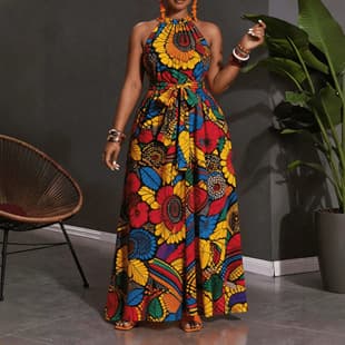 Amazon Cross-Border Europe and America: Elegant Casual Women's Dress with Sleeveless Print, Halter Neck, Versatile for Vacation