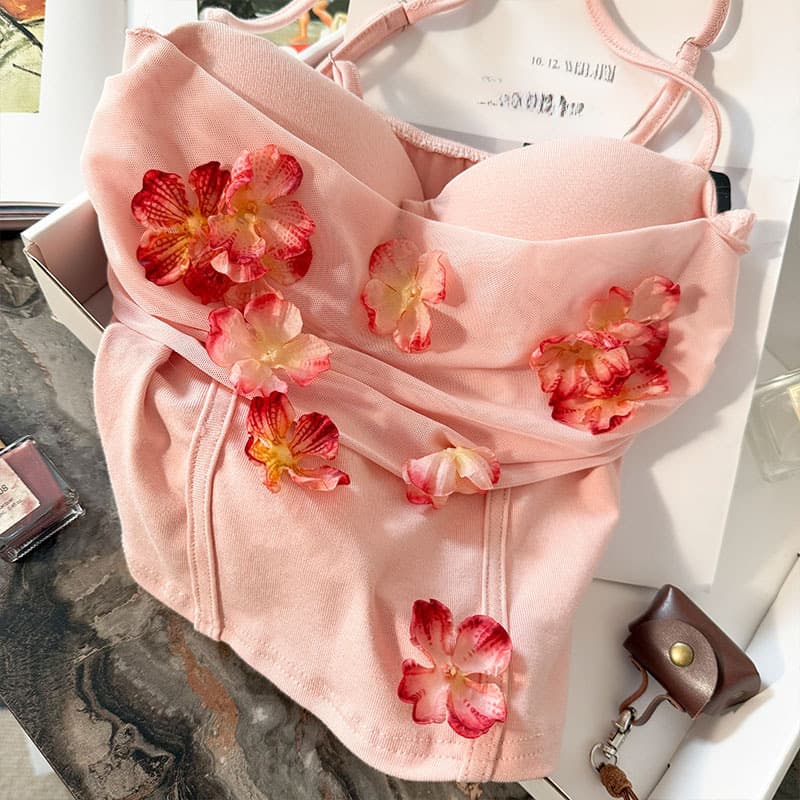 LYM Studio Vacation Style 3D Floral Sexy Tube Top Women 2026 Summer Padded Short Top