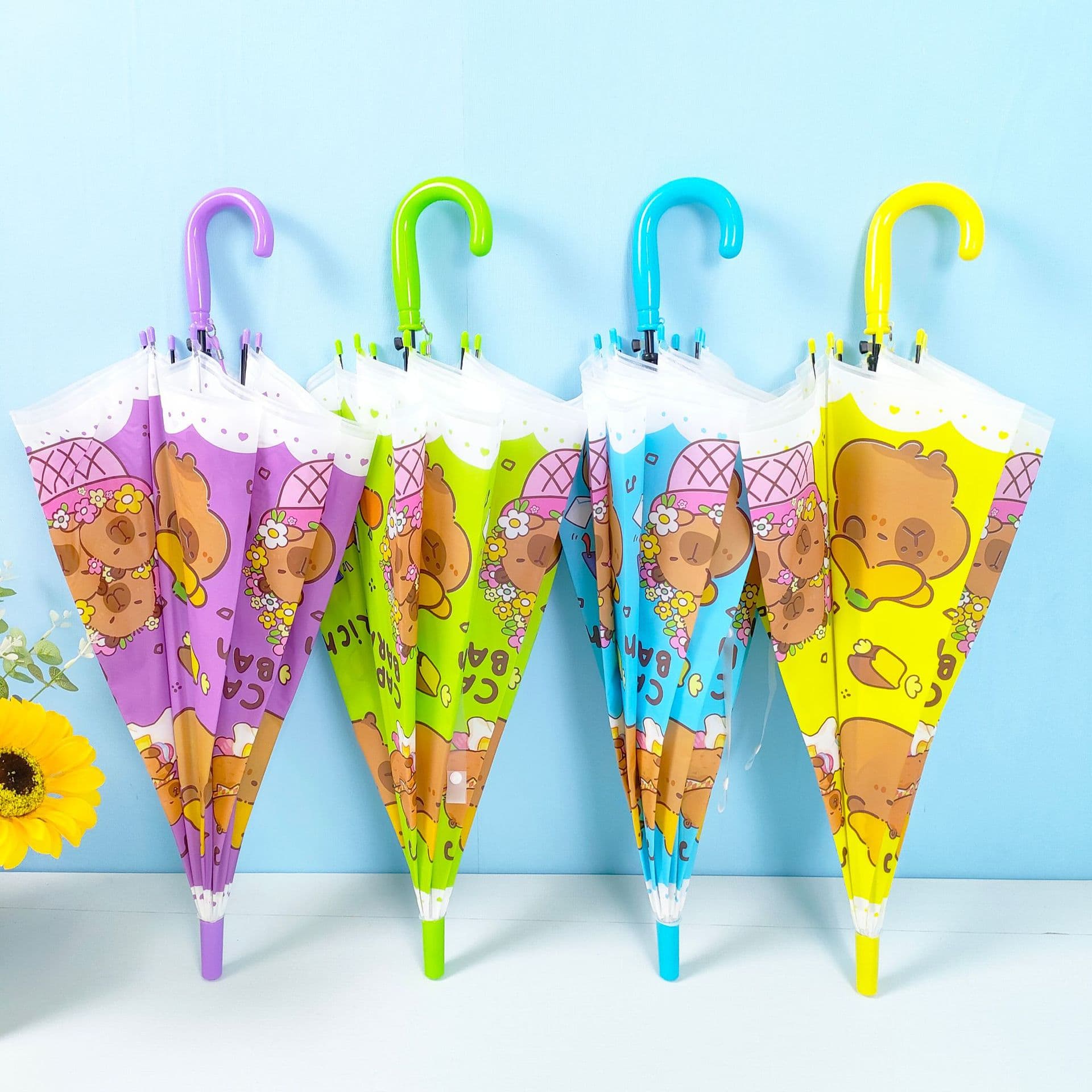 Small Fresh Children's Cartoon Umbrella, Cute Automatic Long-Handle Transparent Umbrella for Kindergarten Boys and Girls, Capybara Student Design