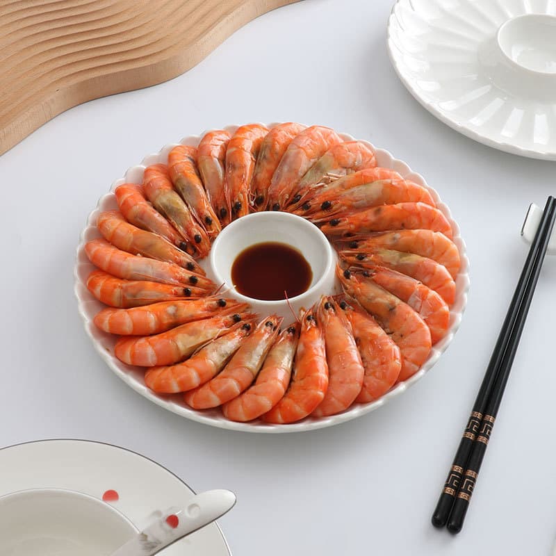 White Ceramic Shrimp Plate with Vinegar Dish, Dumpling Plate, Dinner Plate, Chaozhou Tableware