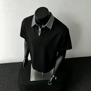 Houndstooth faux two-layer short sleeve polo shirt for men and women, summer American style plaid shirt collar T-shirt cleanfit half-sleeve