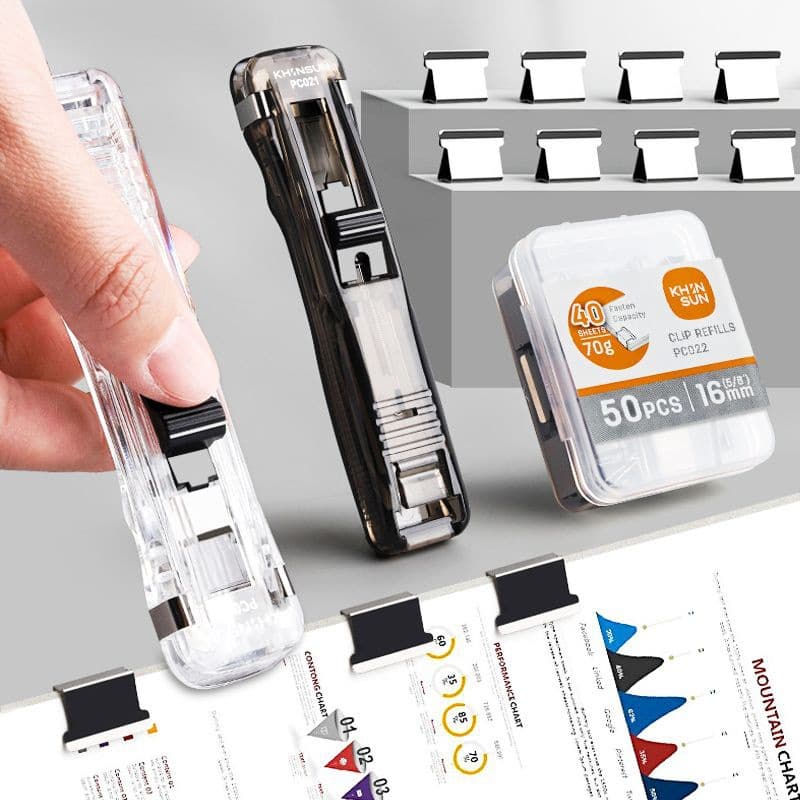 Transparent Push Pin Clamp for Study and Office Document Fastening, Refill Clips, Creative Hole-Free Stapler