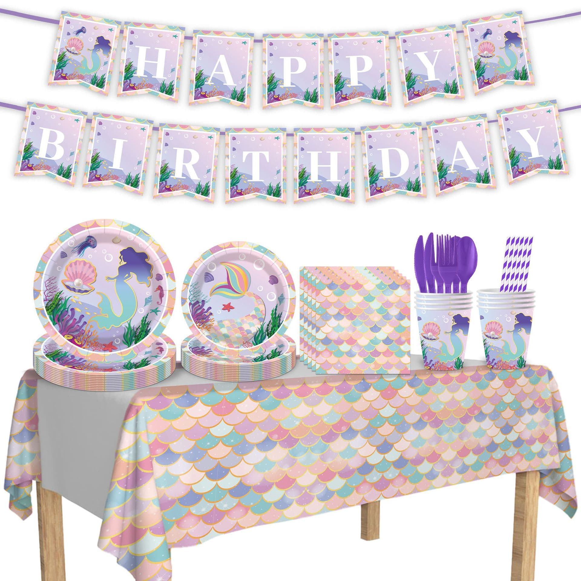 Mermaid Theme Birthday Party Atmosphere Decoration Disposable Paper Cups Paper Plates Paper Towels Fish Scale Tablecloth Wholesale