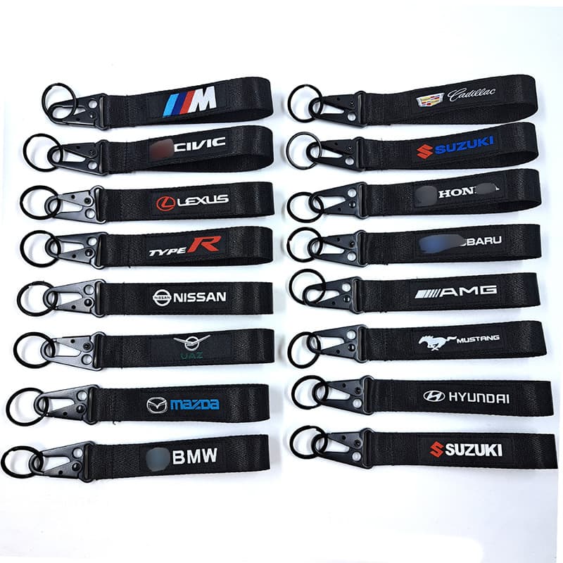 Car Motorcycle Emblem Woven Keychain Woven Label Lockstitch Car Sewing Eagle Beak Keychain Black Strap