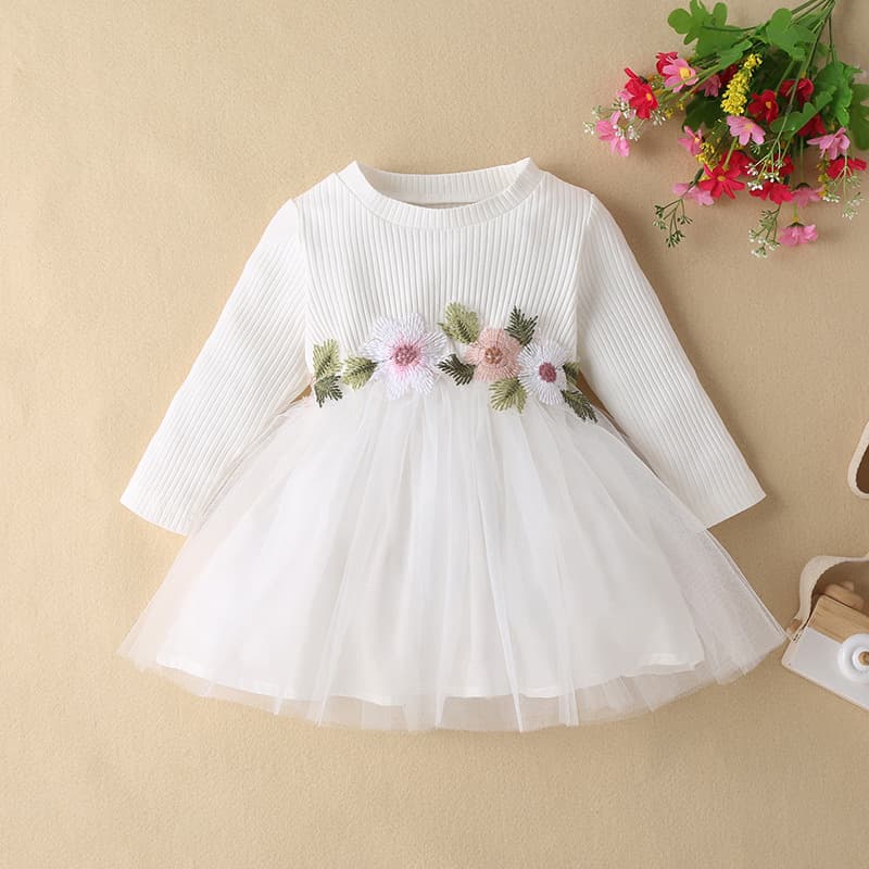 Baby Toddler Spring Autumn Long Sleeve Dress Girls Tulle Princess Dress Floral Embroidery Korean Style Baby Dress