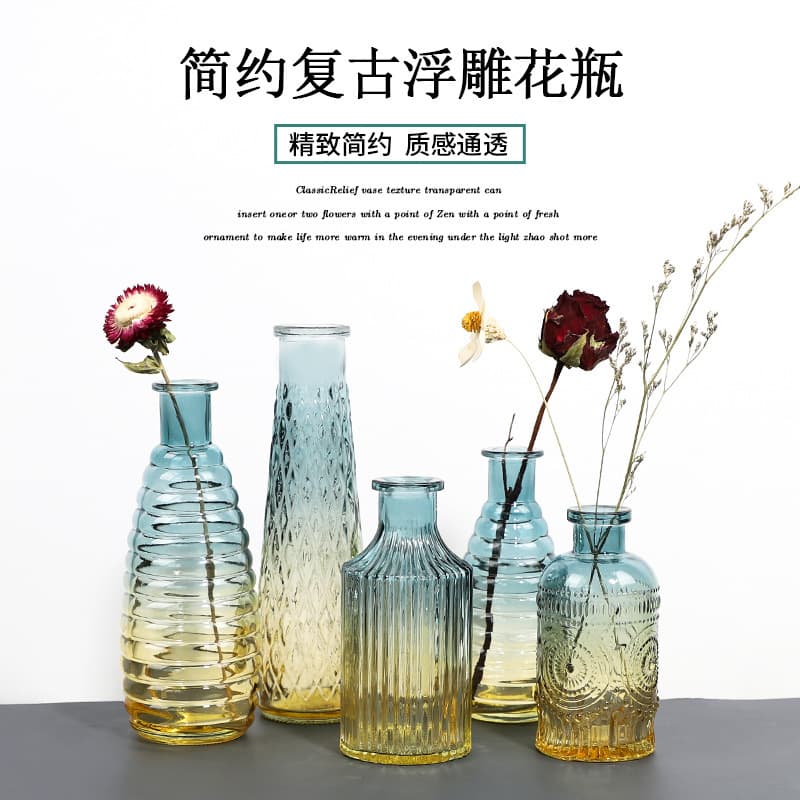 In stock simple small mouth glass vase creative gradient diamond flower vase for floral arrangements living room decoration wholesale