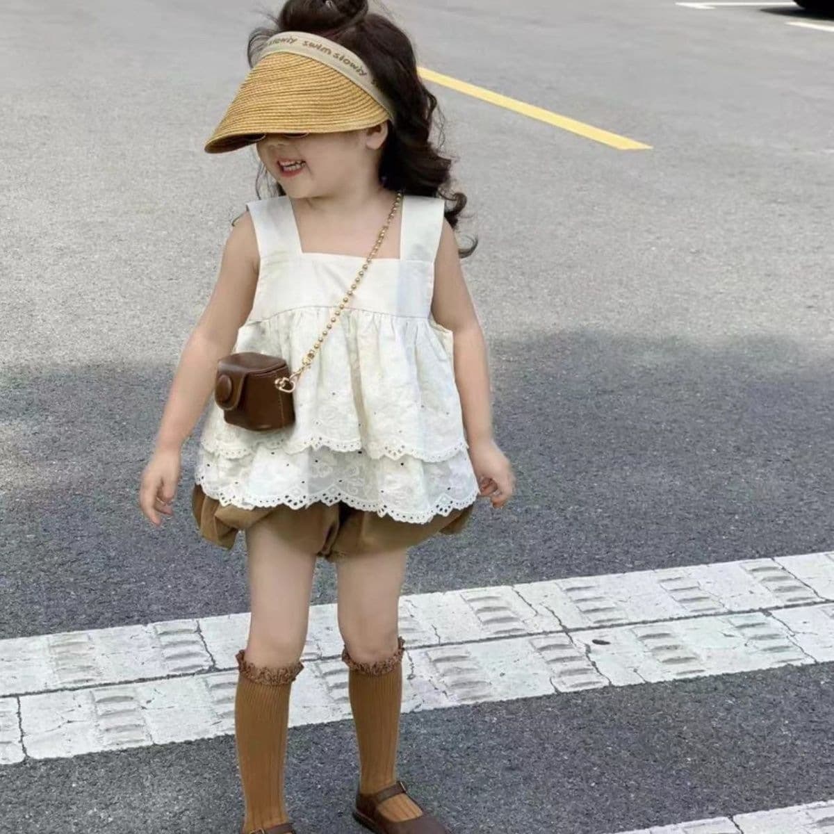 Girls Korean Style Western Suit Summer Girl Casual Lace Embroidered Babydoll Shirt Flower Bud Shorts Two-piece Trendy Set
