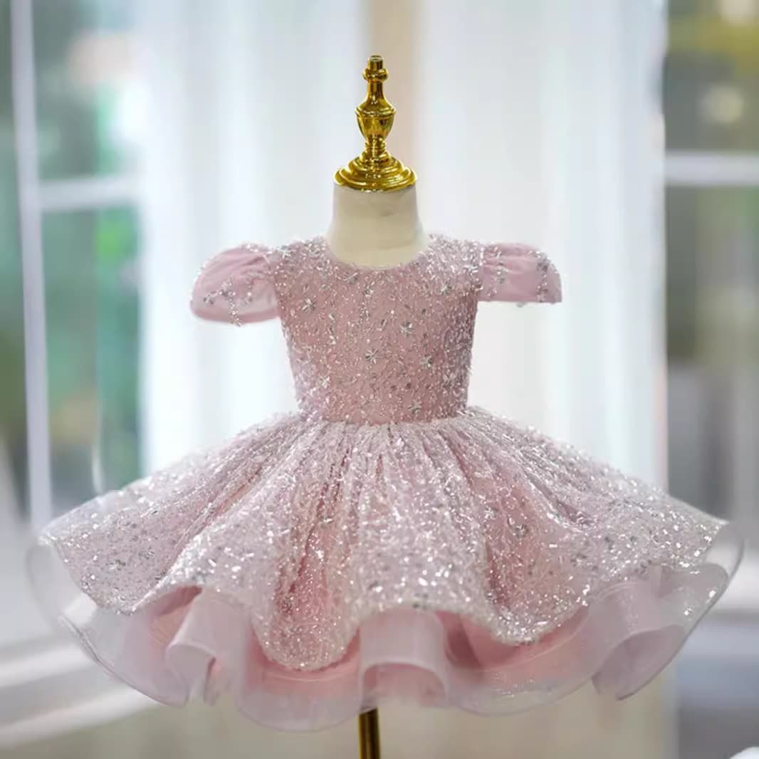 Girls' Sequin Dress Children's Birthday Princess Skirt Host Children's Fashion Show Performance Costume Pink Elegant Cute
