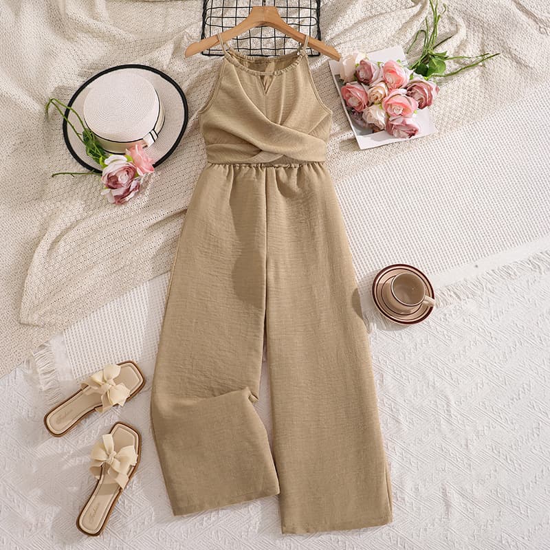 Best-Selling Girls' Clothing in Europe and America 2026 Amazon Summer New Solid Color Casual Spaghetti Strap Slim Fit Waist-Cinched Jumpsuit