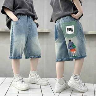 Boys Denim Knee Pants 2026 Summer New Style, Older Children Cartoon Trendy Cool, 5-12 Years Old Seven-Tenths Length Pants