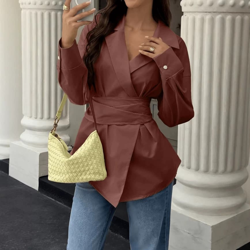 2026 new cross-border Amazon AliExpress temu European and American lapel long-sleeved solid color side button waist belted top