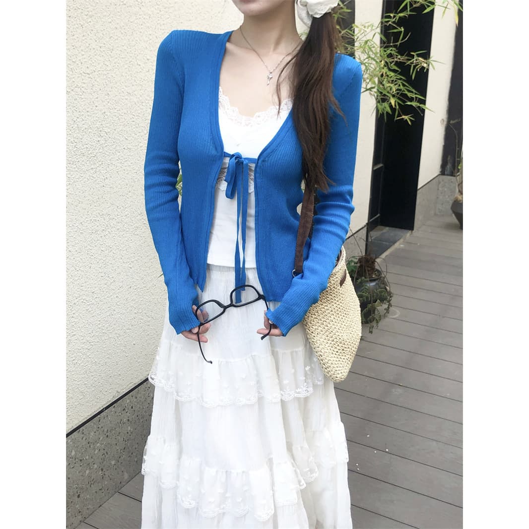 Elegant V-Neck Open Front Cardigan for Women Summer 2026 Lightweight Tie-Waist Knit Cardigan Slimming Long Sleeve Jacket