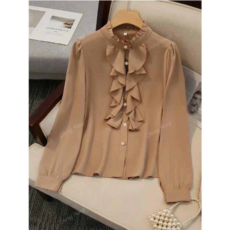New Export Style Cross-border Blouses with Ruffle Stand Collar Button Detail Long Sleeve Shirt