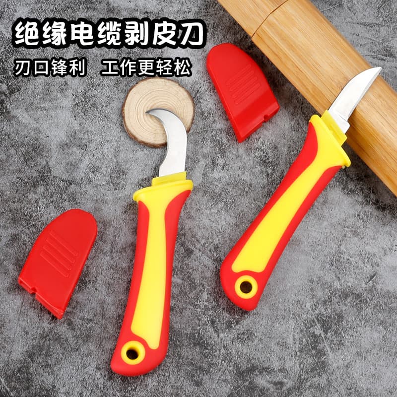 Multi-Functional Insulated Electrician Knife with Bent Blade and Straight Blade, Plastic Handle, Cable Stripping and Cutting Tool