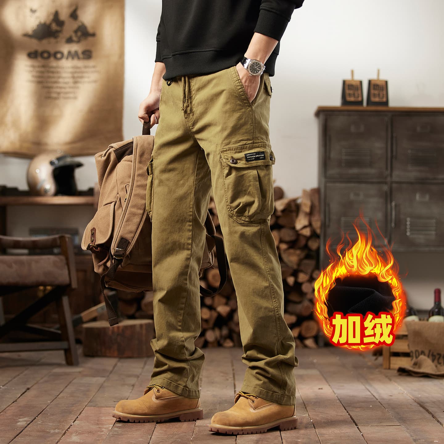 New Men's Fleece-Lined American Retro Casual Trousers Outdoor Mountain Style Multi-Pocket Fashion Cargo Pants 98558