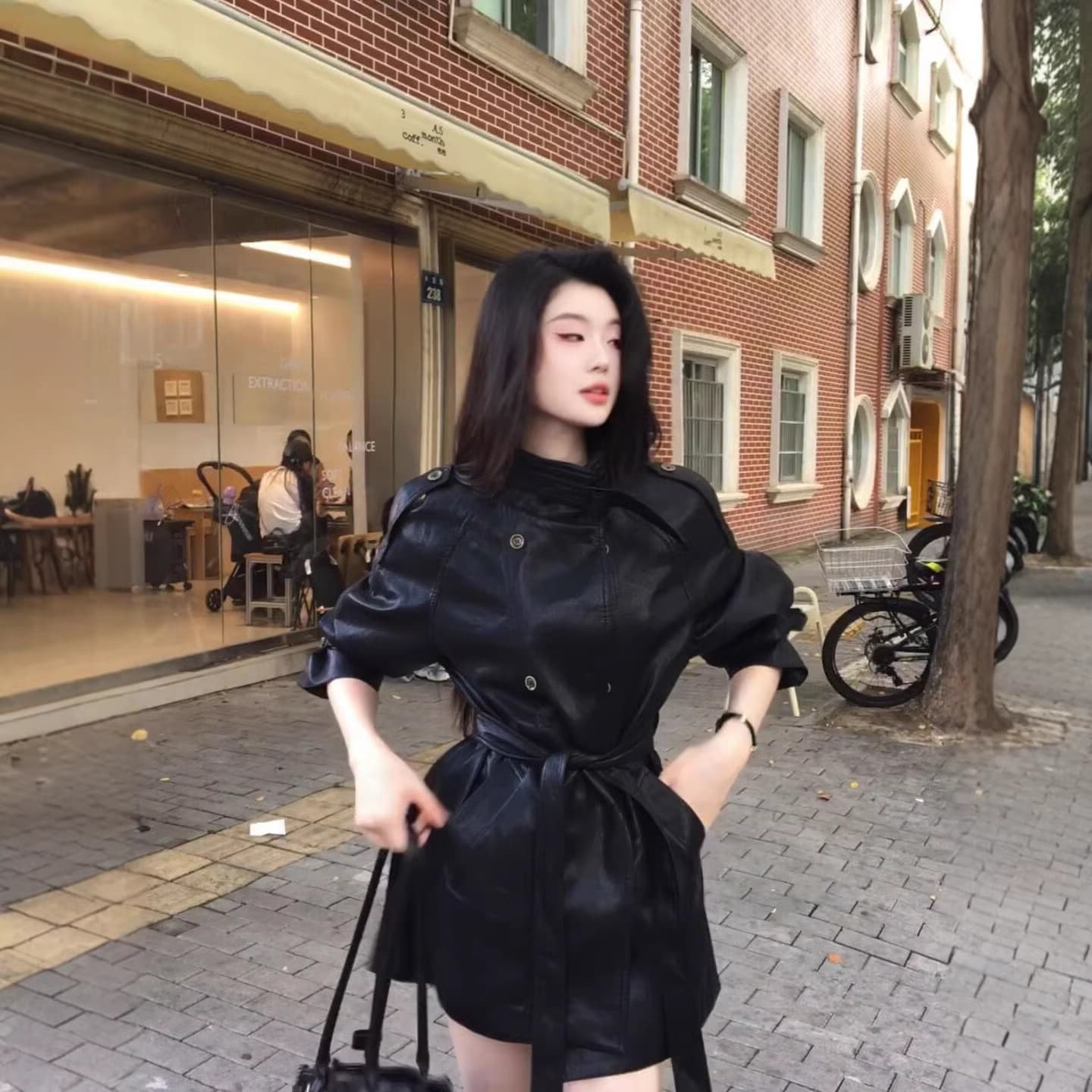 Black Leather Jacket Women Mid-Long Spring Korean Style Soft Protein Stand Collar Leather Jacket Belted Trench Coat PU Leather Outerwear