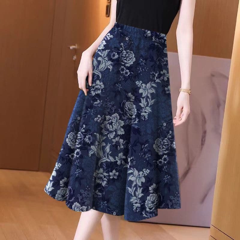 Women's skirt, mid-length skirt, new style, stylish printed large swing skirt, slimming and drapey, covering the flesh, knee high waist skirt