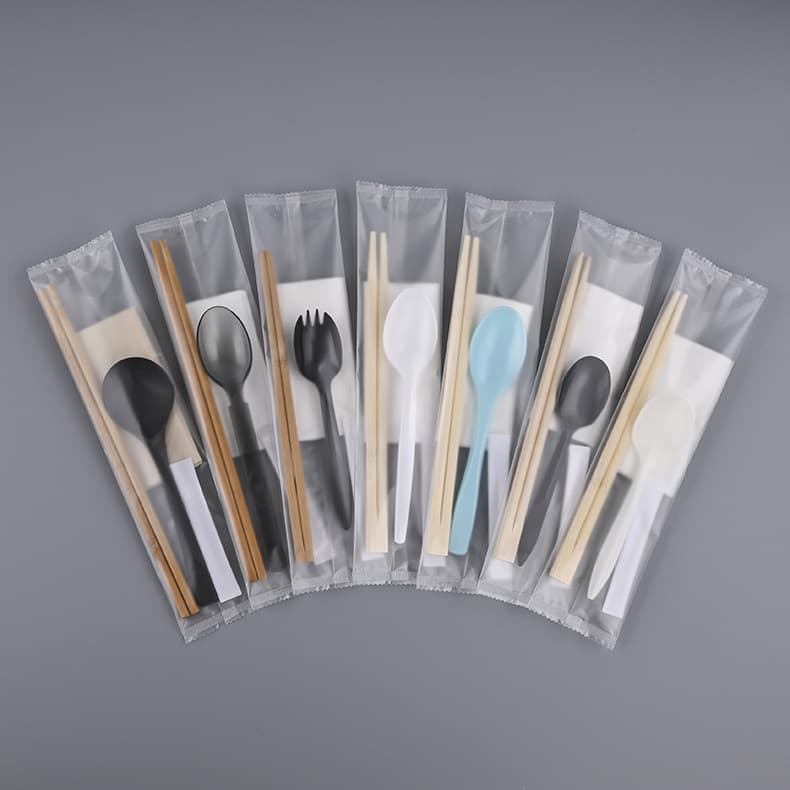 Custom logo disposable chopsticks four-piece set wholesale: spoon, napkin, toothpick, ready-to-ship takeaway utensils