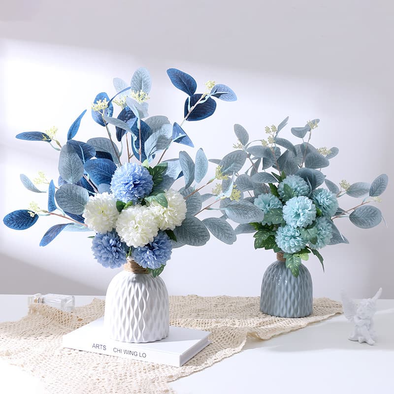 Home Decor Ins Style Simulated Eucalyptus Leaf Ball Chrysanthemum Bouquet Vase Flower Artificial Flower Ornament