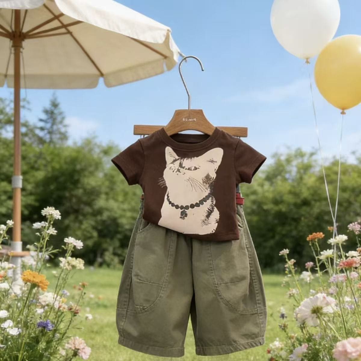 Girls 2026 Summer Set New Korean Style Brown Cat Cotton Print T-Shirt Casual Curved Pants Set